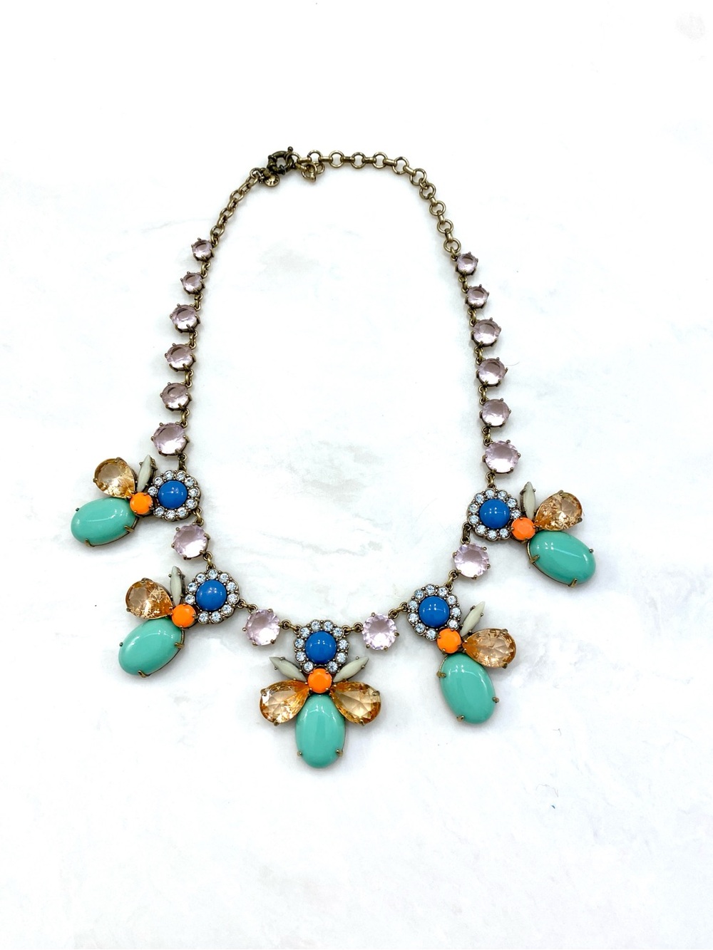 J Crew Bug Beetle Cicada Statement Necklace Mint Blue Pink Orange Gold Bib - Picture 5 of 7